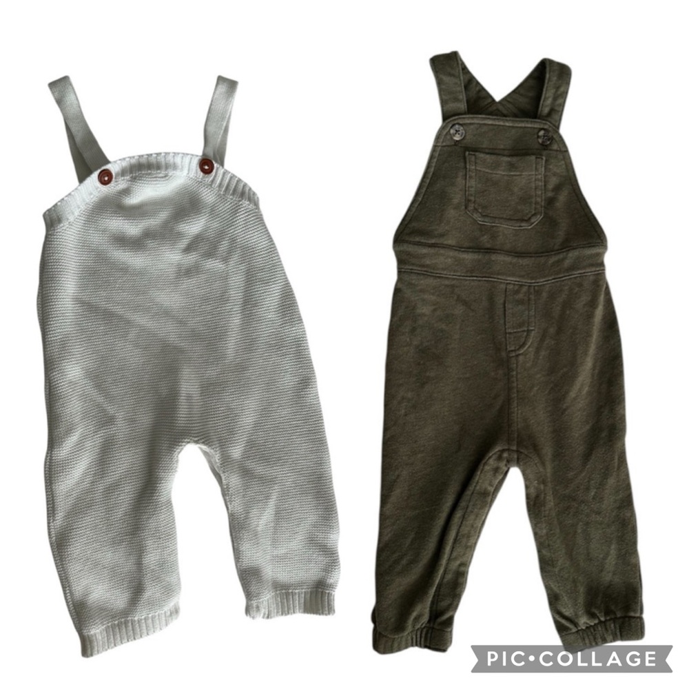 2 Bundle boys knit Overalls - White and Olive size 6-12 months